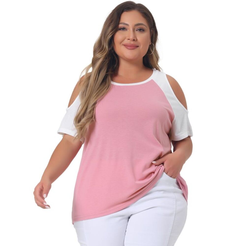 Plus Size Contrast Short Sleeve Cold Shoulder Shirts Tops Summer Blouse Pink